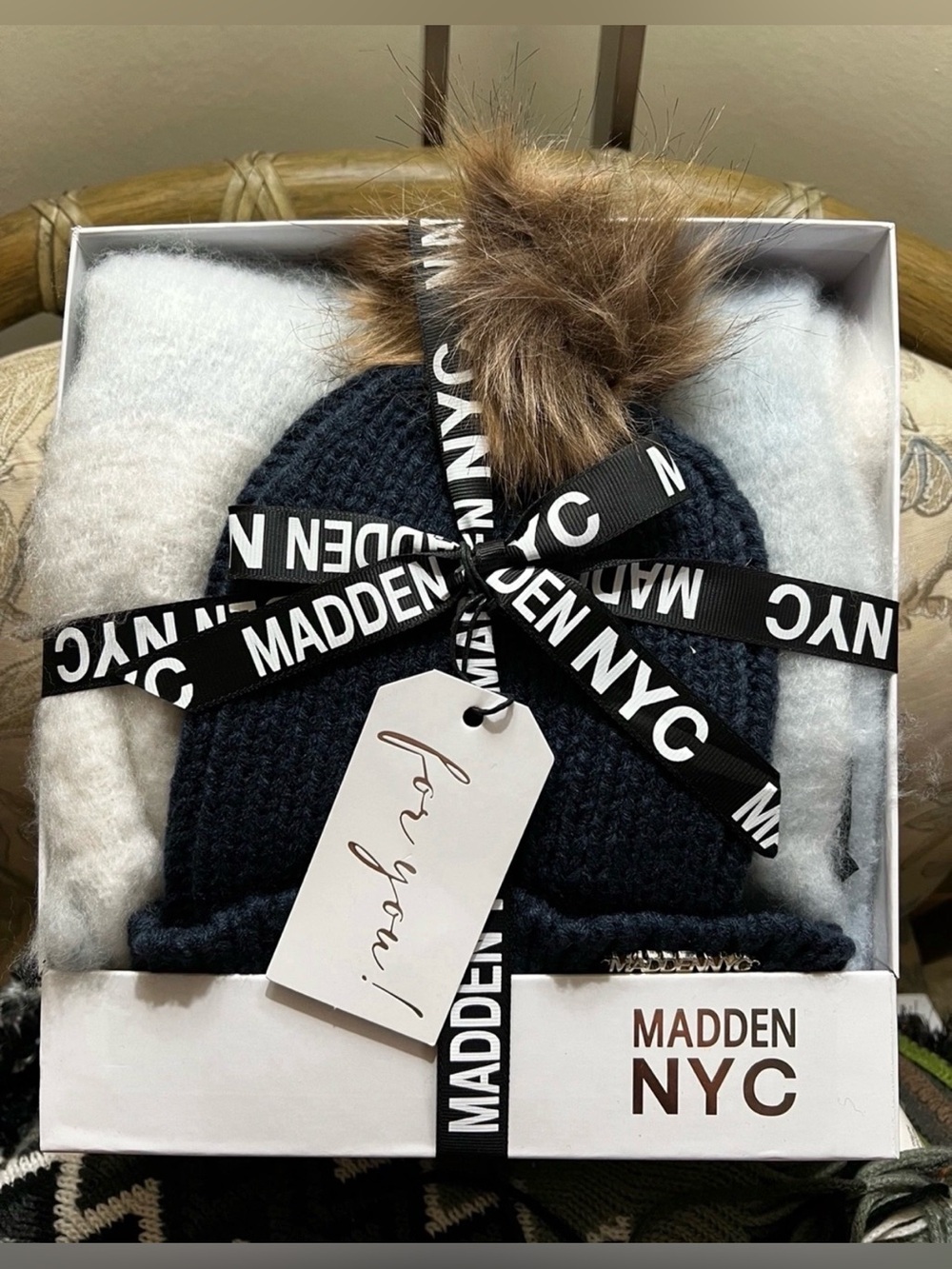 Men's Navy Knit Beanie with Faux Fur Pom